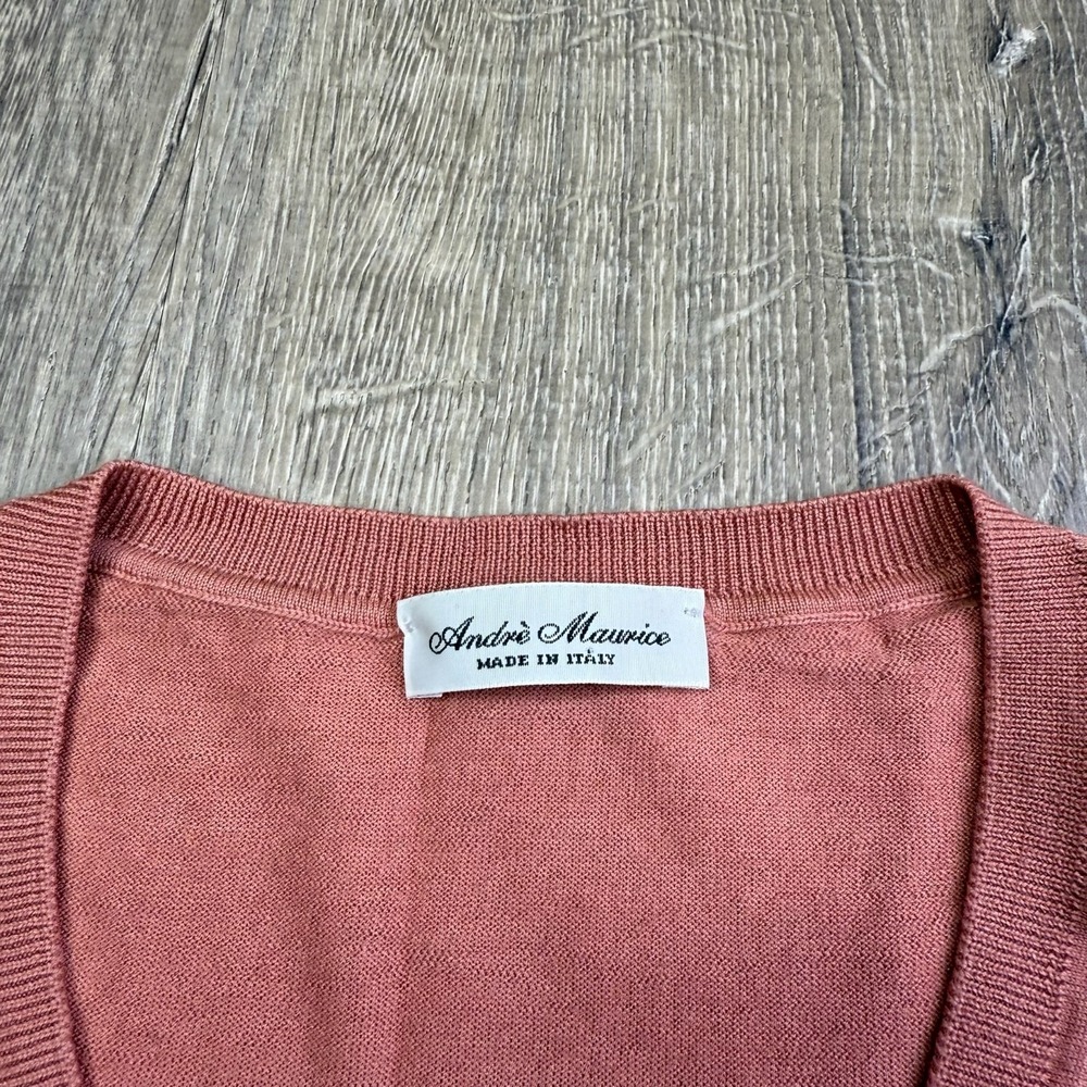 Andrè Maurice Womens Pink V-Neck Ribbed Cuffs Italy Made Pullover Sweater Size S - Picture 3 of 9